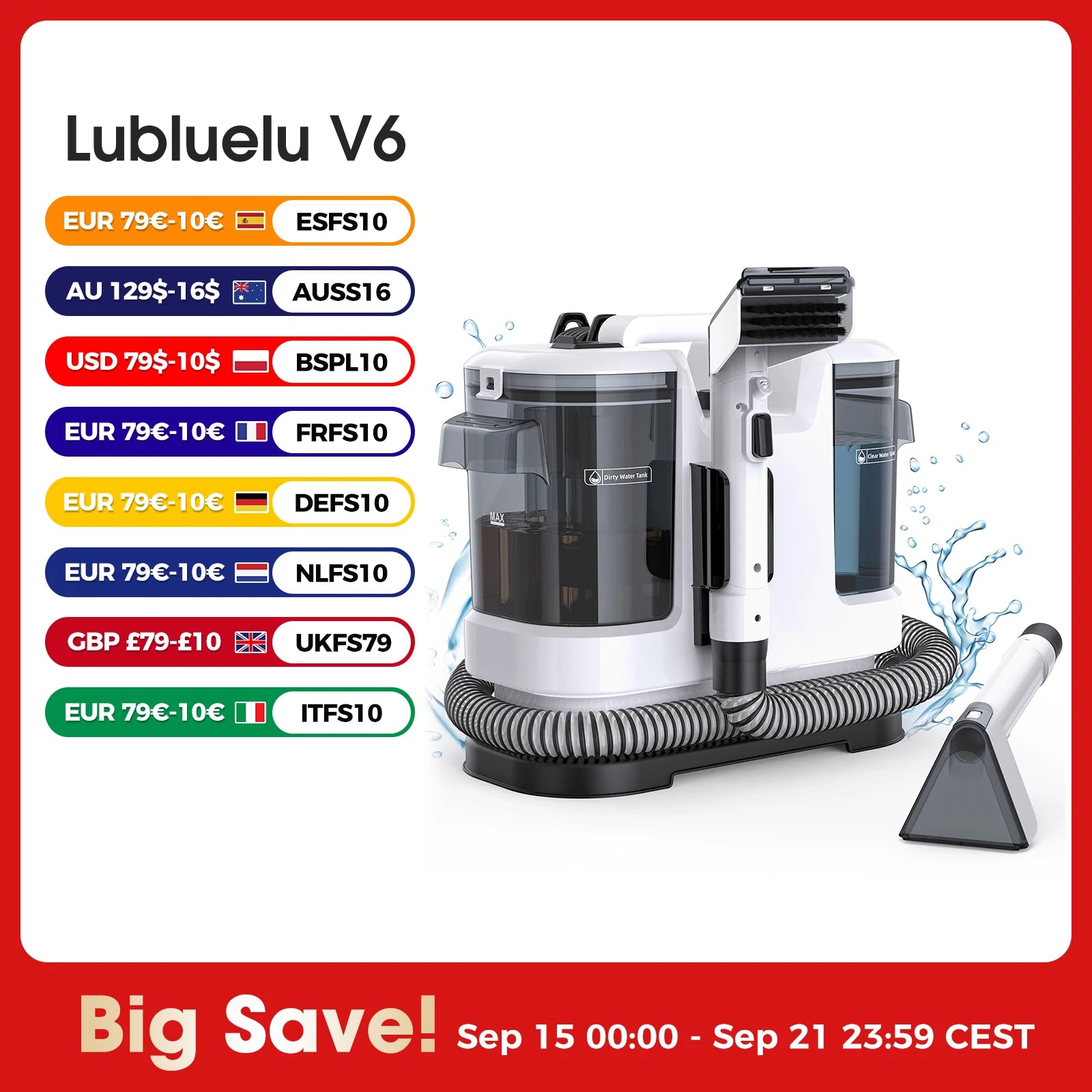 Lubluelu V6 Powerful Carpet Cleaner Powerful Cleaning Machine Spot Steam For Sofa Curtain  Wet Fabric w/ 1.75L Dual Tanks